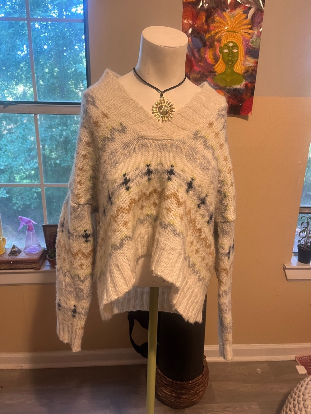 American Eagle Outfitters Cream Fair Isle V‑Neck Knit Sweater